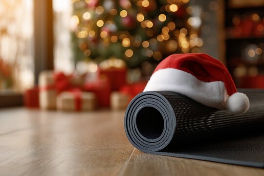 Rolled yoga mat with a Santa hat resting on top in a festive home setting, concept for Christmas fitness campaign, healthy holiday lifestyle and home workout routine