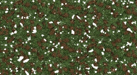 Evergreen foliage and cones are dusted with falling snow creating a seamless winter pattern