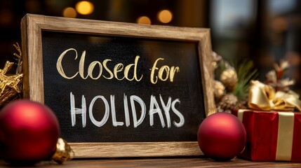 Festive sign with 'Closed for Holidays' message surrounded by ornaments and a gift, concept for holiday greetings, retail closures and seasonal announcements