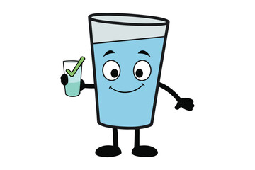 Cute cartoon glass of water holds another small glass with a checkmark logo