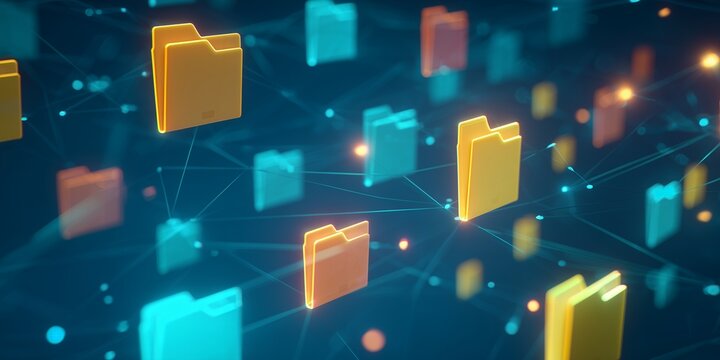 Abstract folders connected by lines representing data flow on a dark blue background, concept for cloud computing, data management and digital storage