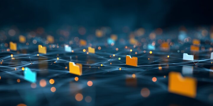 Abstract representation of interconnected folders floating on a network with glowing nodes, concept for data management, cloud storage and information architecture - Powered by Adobe