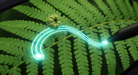 Digital Art and Nature: Drawing Neon Lines on a Fern Leaf
A vibrant, conceptual close-up image showing a digital stylus interacting with a screen displaying a rich green fern frond 