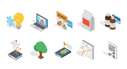 Isometric icons collection: technology, business, education, health