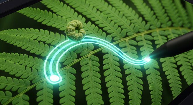 Digital Art and Nature: Drawing Neon Lines on a Fern Leaf
A vibrant, conceptual close-up image showing a digital stylus interacting with a screen displaying a rich green fern frond 