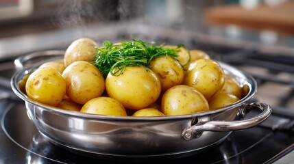 A pan of potatoes is steaming on a stove. The potatoes are cut into small pieces and are surrounded by green herbs