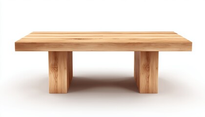 Fototapeta premium Front View Of An Empty Wooden Table On A White Background, Displayed In A Simple And Minimalistic Style. Classic And Clean Design.