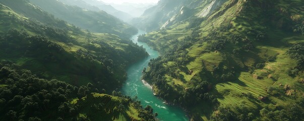 Aerial view of a vibrant turquoise river flowing through lush green hills and terraces, concept for ecotourism promotion, environmental conservation and adventure travel destinations