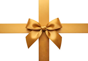 Fototapeta premium Golden satin ribbon tied in a bow forming a cross shape on a dark background isolated on a transparent background