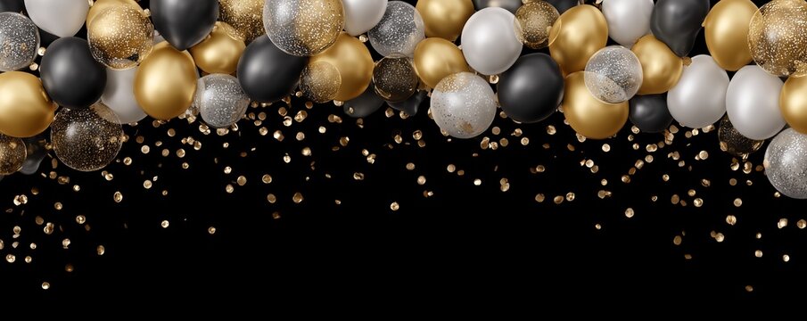 Elegant balloons in gold, silver and black with confetti falling on a black background, concept for party decorations, holiday celebrations and glamorous events