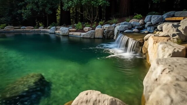 Luxury Natural Swimming Pool with Rock Waterfall Feature surrounded by Redwood Trees Peaceful Outdoor Landscaping Design
