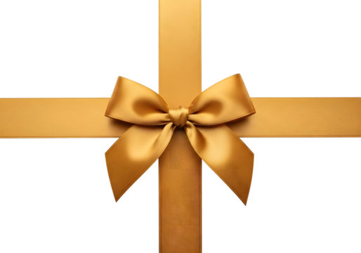 Golden satin ribbon tied in a bow forming a cross shape on a dark background isolated on a transparent background