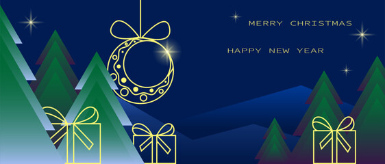 A card, banner, or poster for Merry Christmas and New Year greetings with a beautiful and creative illustration design. Blue, green, and gold colors. Vector
