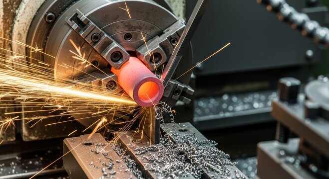 Metal lathe cutting with sparks and precision in engineering workshop - Powered by Adobe