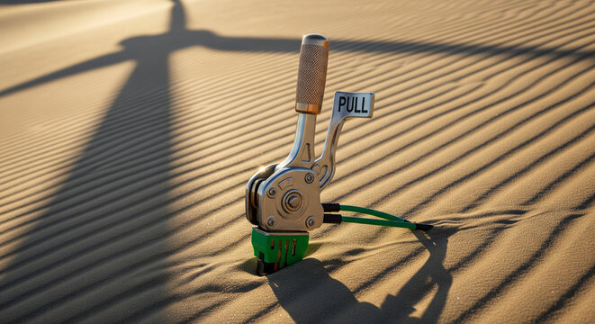 Mysterious Metal Lever Anchored in Shifting Desert Sand Dunes
A close-up, dramatic shot of a vintage or industrial metal lever with a wooden handle