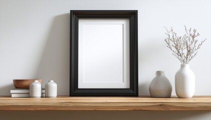 Black Picture Frame On A White Desk And Wall - A Blank Frame Stands Out Against The White Background, Creating A Modern And Minimalistic Look.