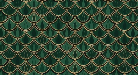 Repeating geometric pattern featuring overlapping scalloped shapes in deep green tones with gold outlines