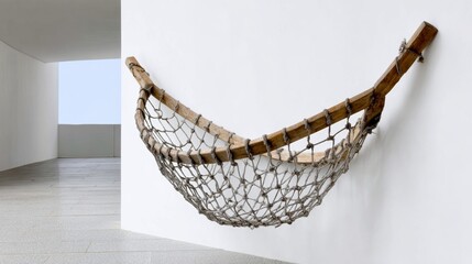 Obraz premium A wooden frame with a net hanging from it. The net is made of rope and is hanging from the frame