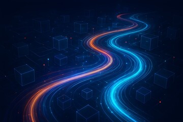 Neo data stream lines across a dark cyber grid packed with floating cubes