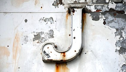 Close-up of a rusty metal letter "J" attached to a peeling white wall
