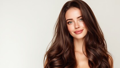 Fototapeta premium Gorgeous Brunette Woman Portrait With Luscious Hair, Flawless Skin, And Radiant Smile On White Background. Skincare, Spa, And Beauty Model Concept.