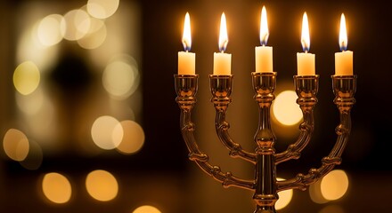 Photo of a closeup of a traditional menorah with five lit candles glowing warmly against a softly blurred background, symbolizing hanukkah and its spiritual significance
