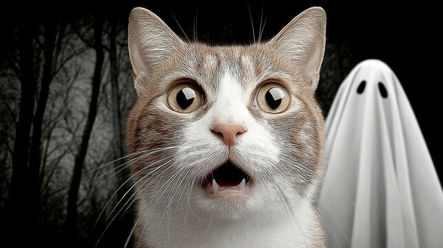 A cat with its mouth open and eyes wide staring at a ghost. The ghost is white and he is floating in the air. The image has a spooky and eerie mood, with the cat and ghost creating a sense of unease - Powered by Adobe