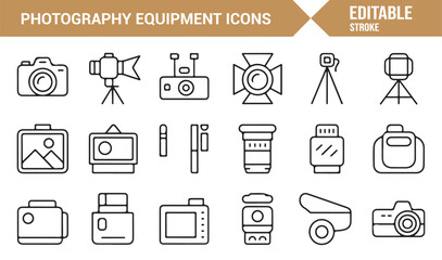 Editable Stroke Photography Gear Icon Collection for Creative Projects