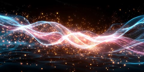 Abstract luminous waves flowing through a dark space with many small glowing particles floating around the forms.