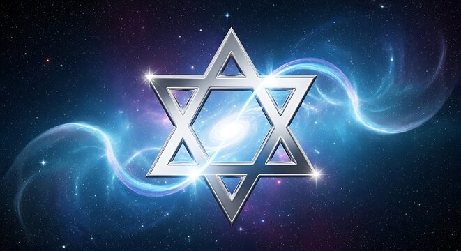 Photo of a luminous silver star of david, also known as the magen david, prominently displayed against a swirling cosmic background with nebulae and stars