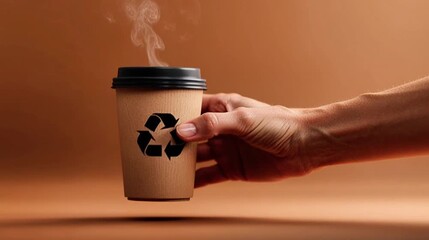 Steaming sustainable coffee to go cup with recycling logo for eco-friendly campaigns