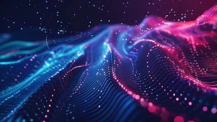 Abstract digital landscape of glowing blue and pink data streams flowing in a wave pattern against a dark background.