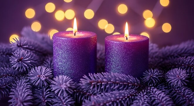 Photo of two glowing purple advent candles nestled amongst frosted pine branches, with a bokeh of warm lights in the background, creating a serene and festive atmosphere