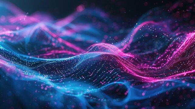 Abstract digital landscape of glowing blue and pink data streams flowing in a wave pattern against a dark background.