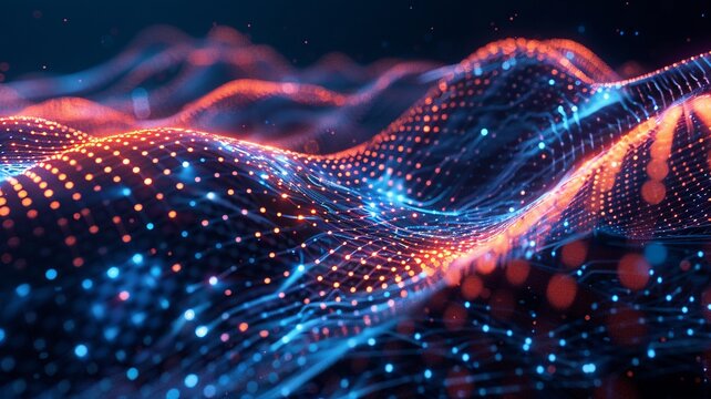 Abstract digital landscape of glowing blue and pink data streams flowing in a wave pattern against a dark background.