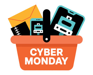Cyber Monday shopping basket filled with devices and an envelope is displayed on a white background.