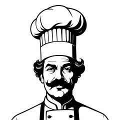 Front facing chef portrait vector vintage culinary icon for gourmet product packaging food labels and specialty item branding