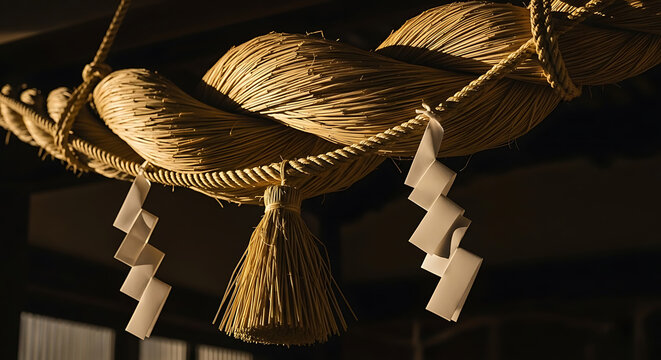 Close up of Thick Woven Shimenawa Rope with Shide Paper Dangling at a Traditional Japanese Shrine