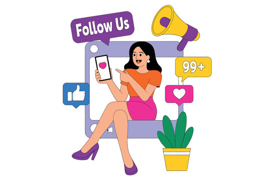 A woman points to her smartphone screen, promoting social media engagement and follower growth.