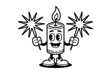 A cartoon candle with a face, arms, and legs holds two sparklers with excitement.