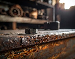 Close-up of a rusty work surface with metal nut in sharp focus