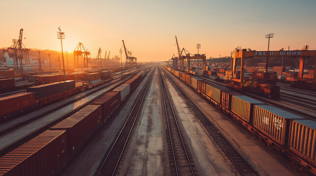 Rail yard with freight trains, cargo containers, loading cranes, long tracks, gritty industrial atmosphere, warm sunset tones.