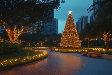 A peaceful urban park with a decorated Christmas tree surrounded by softly lit pathways 