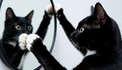 A black and white domestic cat with green eyes looks at its reflection in a round mirror. The cat has distinct white paws and a playful demeanor.