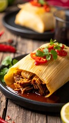 Close-up of a savory meal with shredded meat and red pepper