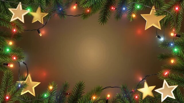 Beautiful holiday background loop featuring a border of pine branches, colorful string lights, and glittering 3D gold stars.