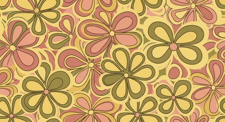 Obraz premium Groovy floral pattern features stylized blossoms in earthy retro colors