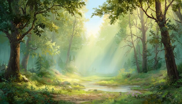 Enchanting Sunlight In Forest Landscape: Serene Woodland Backdrop For Children'S Tales. Fairytale Meadow And Trees Set The Scene For Kids' Adventures. Kids Playing In Water.