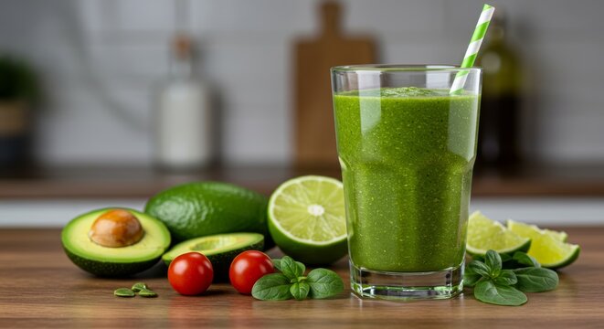 Refreshing green smoothie with avocado and lime on a wooden kitchen counter - Powered by Adobe