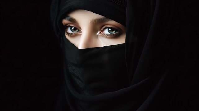 A woman with a black scarf covering her face. The image has a mood of mystery and intrigue